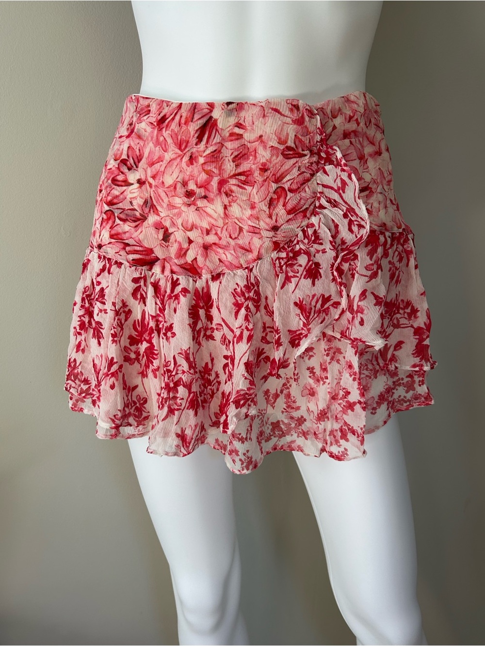 LoveShackFancy White and Pink Floral Tiered Mini Skirt
